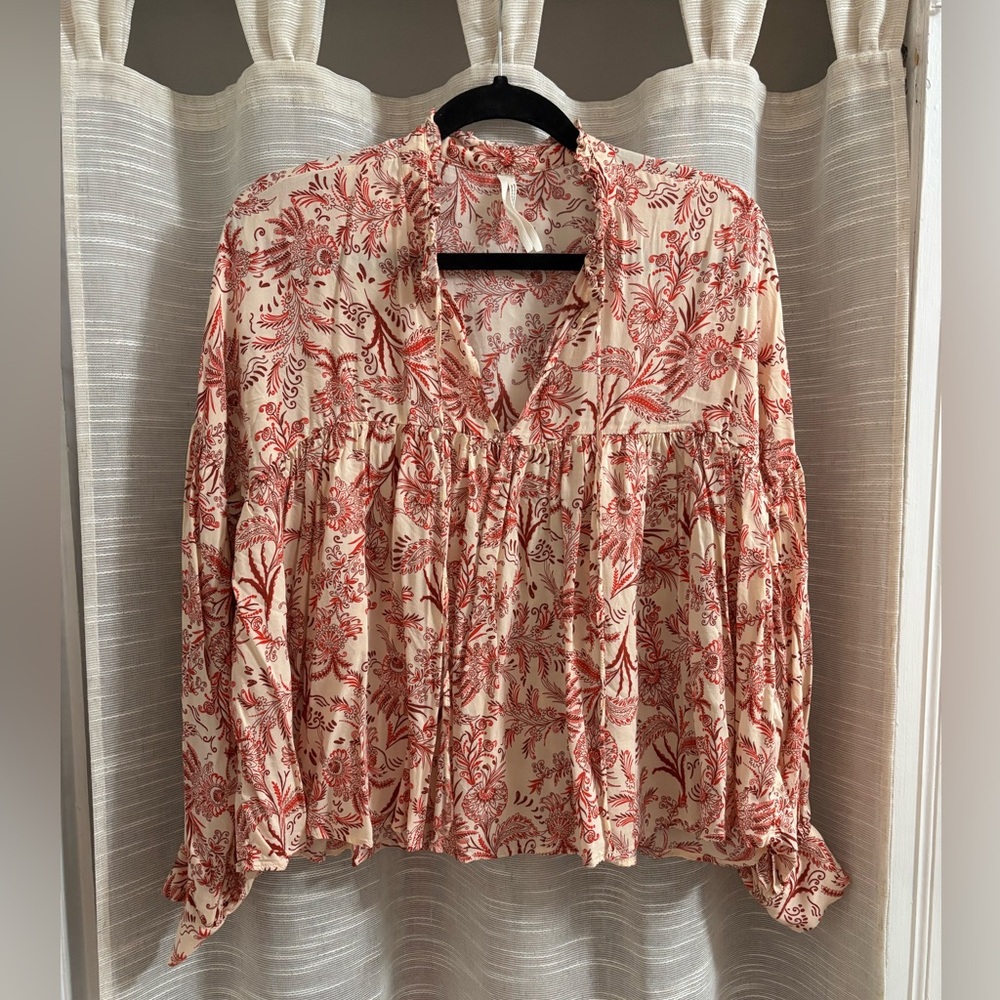 Anthropologie Red and Cream Floral Blouse